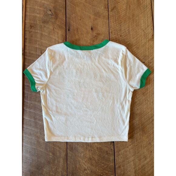 Forever 21 “Eat a Strawberry” Baby Tee | Women’s Small Green Ringer Crop Top - Picture 3 of 6